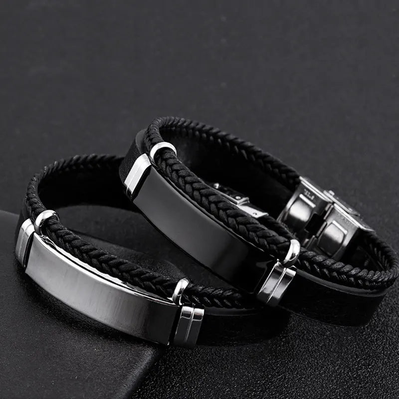 Homme Edelstahl Armband Doppel Schicht Twist Geflecht Leder Seil Armbänder Für Männer Hiphop Rock Mode Schmuck Zubehör