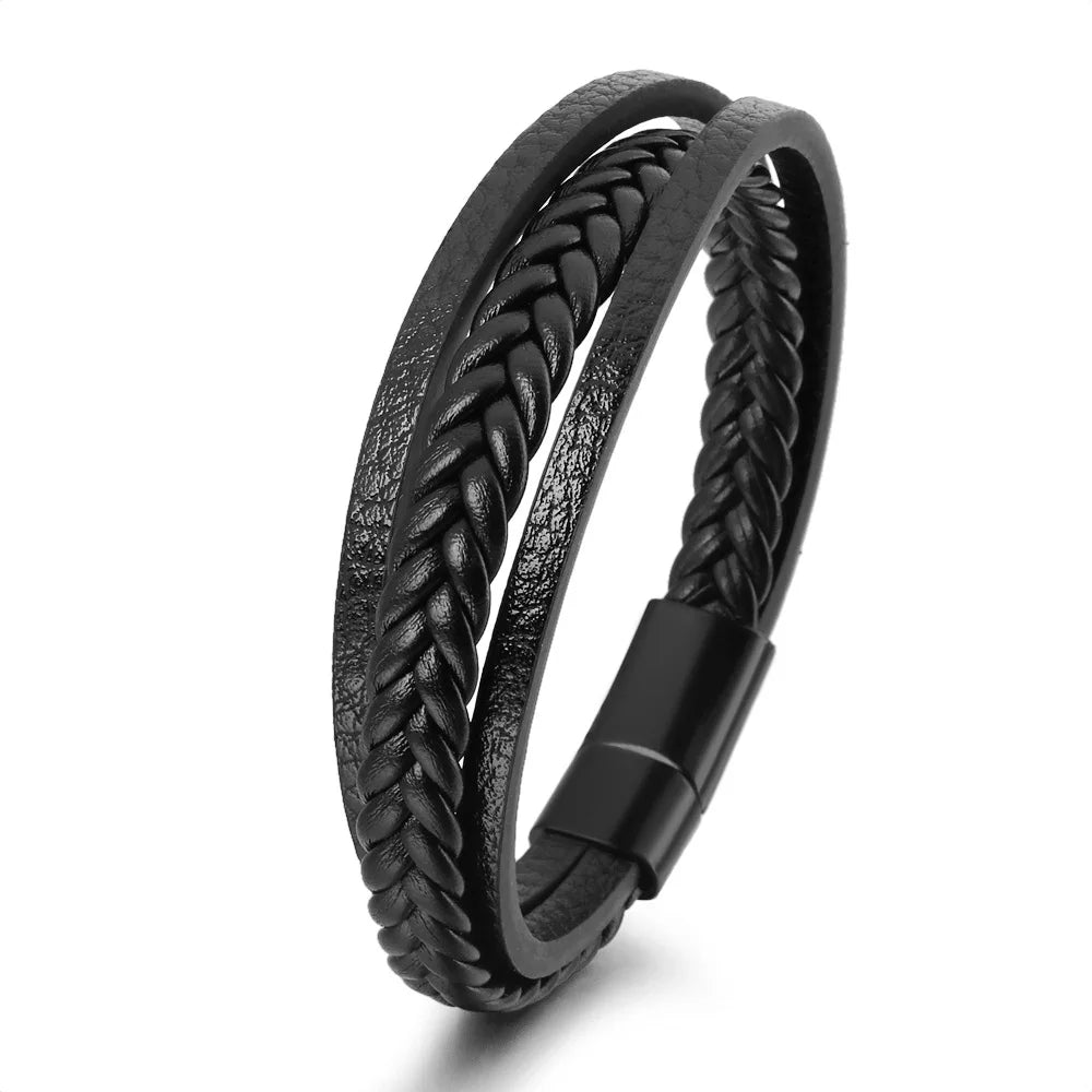 Trendige Lederarmbänder für Männer, Edelstahlarmband, 21 cm, mehrschichtige geflochtene Seilarmbänder für männliche Schmuckgeschenke