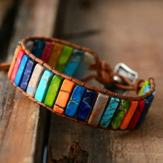 Böhmisches mehrfarbiges Kaiserstein-Armband, 7-Chakra-Heilung, rechteckige Steine, Armband, Lederseil, gewebter Armreif, Handgelenkschmuck