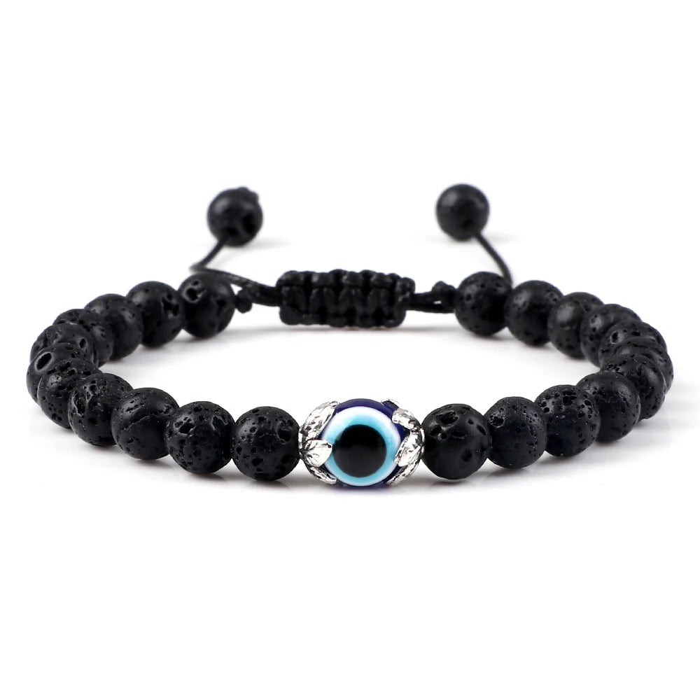Mode Trendy Männer Türkische Bösen blick Armbänder 6mm Natürliche Tigerauge Vulkangestein Armbänder Frauen Geflochtene Amulett Schmuck Geschenke