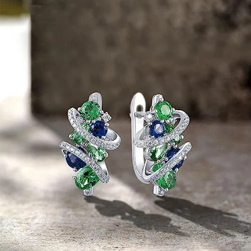 Huitan Grün/Blau Zirkonia Creolen für Frauen Neue Temperament Elegante Braut Hochzeit Party Ohrringe Trendy Schmuck