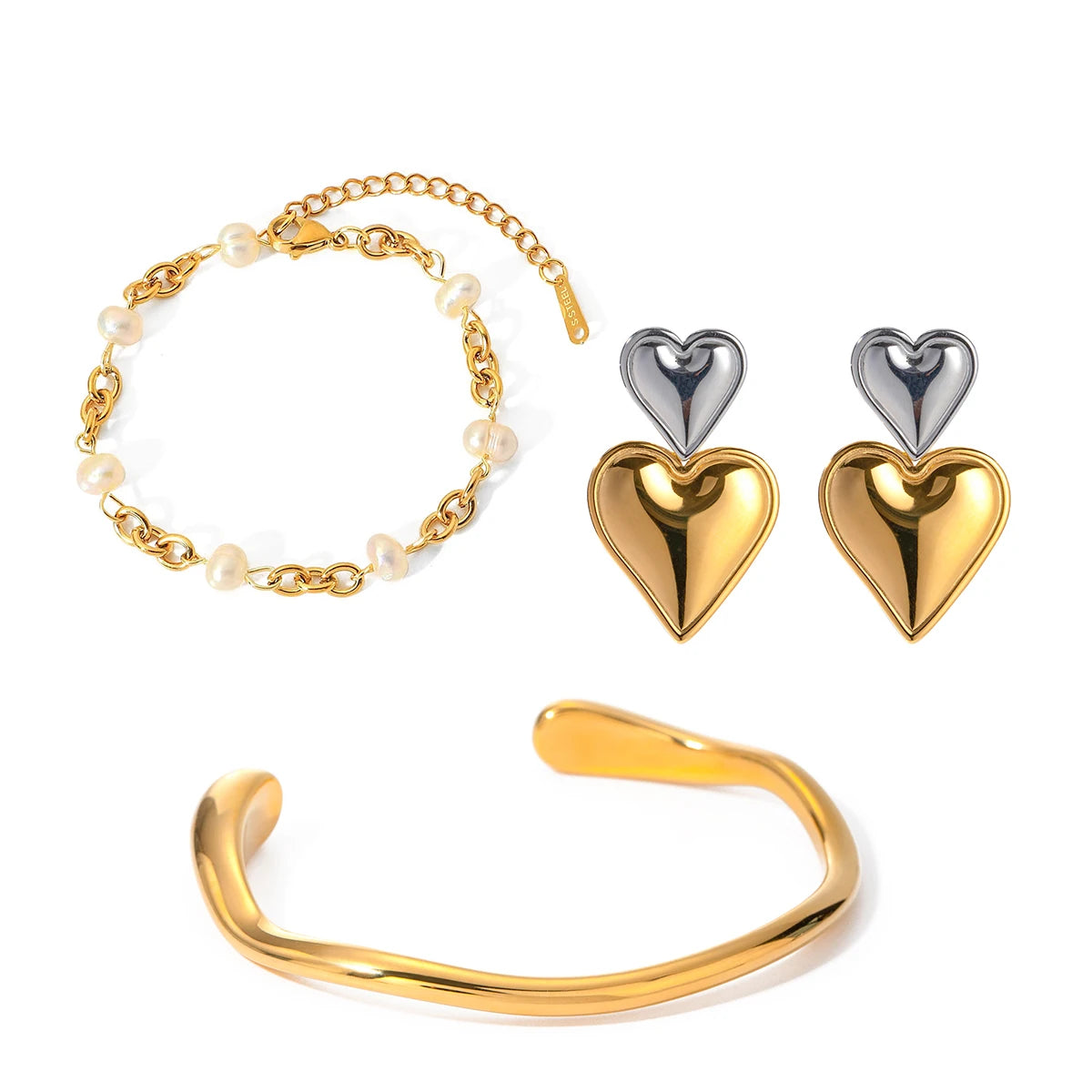 Uworld Damen-Schmuckset, Perlenkette, goldenes Armband, verstellbares stapelbares Armband, Liebesohrringe, Geschenk für Sie
