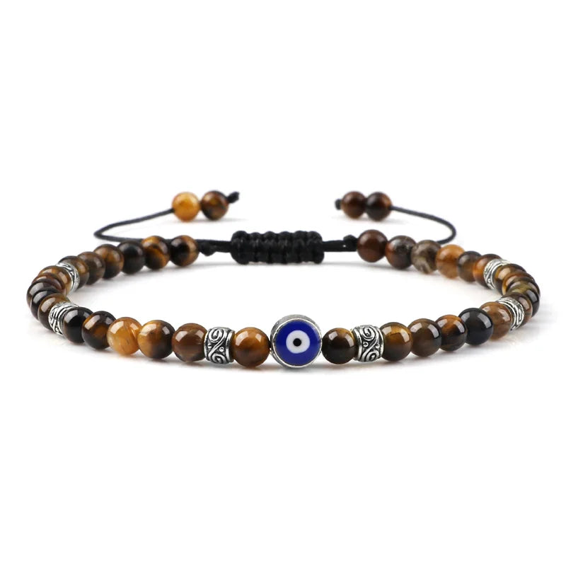 Evil Eye Armband, 4 mm, natürliche schwarze, matte Lavasteinperlen, handgefertigtes geflochtenes Armband für Männer und Frauen, Yoga, Reiki, verstellbarer Schmuck