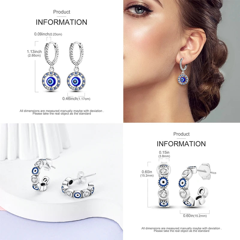 Original 925 Sterling Silber Hand von Fatima Blue Eye of Evil Creolen Kreuz Eardrop Ohrringe für Frauen Geschenk