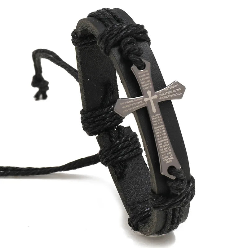Retro Punk Metall Kreuz Bibel Armband Handgewebtes Rindsleder Verstellbares Armband Christliches Zubehör Unisex Schmuck Geschenk