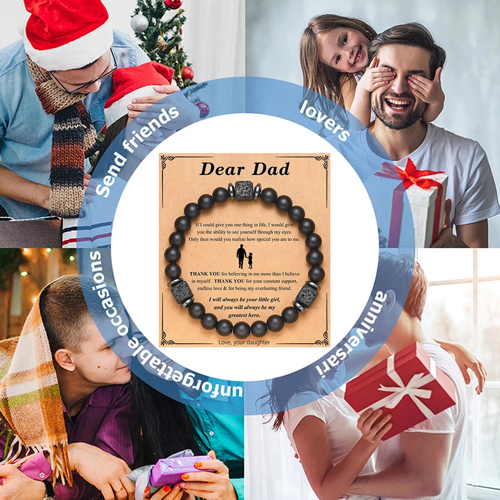 Vatertagsgeschenke für Papa, mattes Lavagestein-Perlen-Armband mit Liebeskarte, Stretch-Armband, Schmuck, Geschenke für Männer