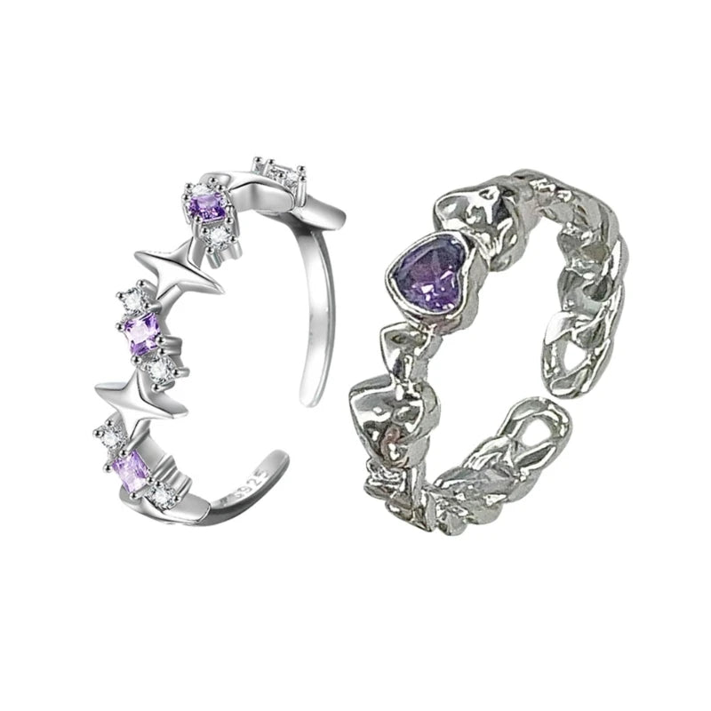 Neue Mode Shiny Lila Strass Öffnung Paar Ringe für Frauen Männer Vintage Kristall Stern Einstellbare Ring Liebhaber Y2K Schmuck