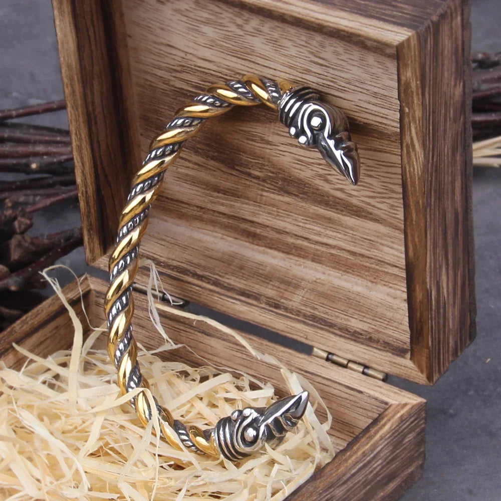 Edelstahl Nordic Viking Nordic Raven Armband Herren Armband Manschettenarmbänder mit Wikinger Holzkiste