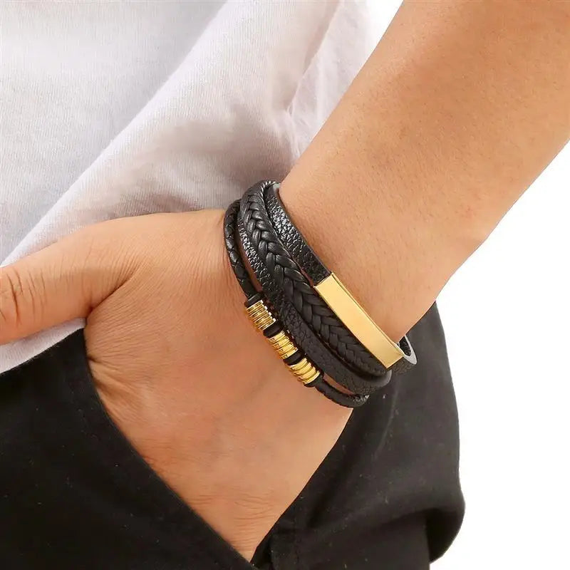Punk Männer Leder armband mit Edelstahl Magnet verschluss geflochten mehr schicht ige Leder verpackung Armreifen Mann Schmuck Geschenk