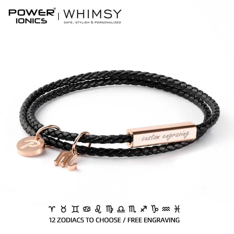 Power Ionics Launen 12 Zodiacs Serie Männer Frauen Echt leder Wrap Charm Armband Geburtstags tag Geschenke kostenlose benutzer definierte Gravur