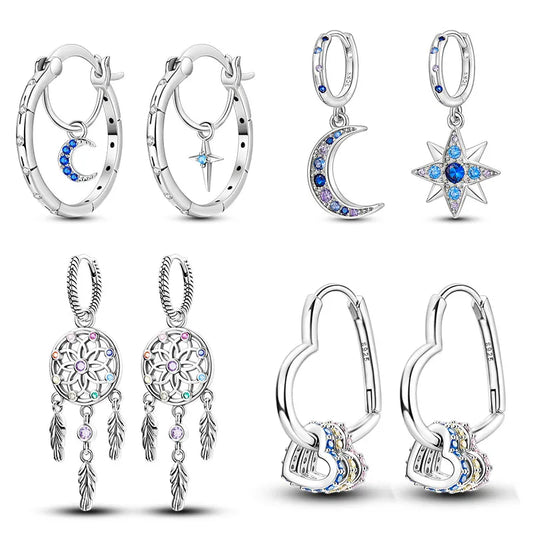 Heißer Verkauf 925 Sterling Silber Original Vielseitige Eardrop Ohrring Stern Mond Klee Creolen Für Frauen Hochzeit Verlobung Geschenk