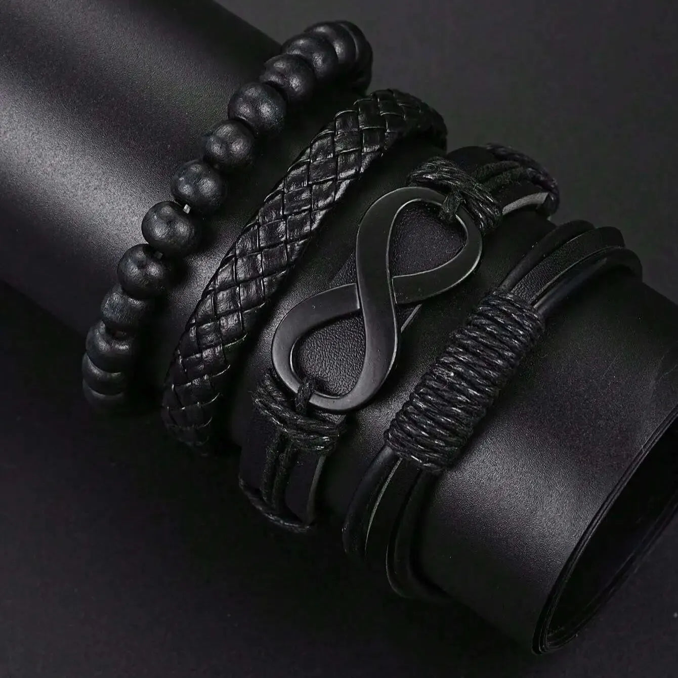 6pcs_Set Modisches Perlenarmband aus Pu-Leder in '8-Form mit mechanischer Uhr, Kreuz-Anhänger-Halskette für Herren, schwarz gefärbt