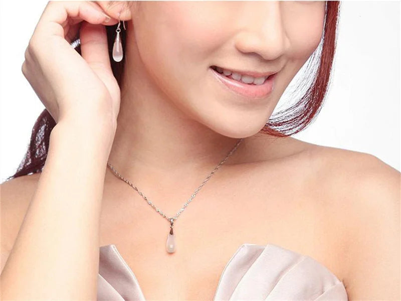 Reines 925 Sterling Silber Schmuck Set einfache weiße rosa Wasser tropfen Opal Katzenauge Steine Anhänger Halskette/Haken Ohrringe/Kette
