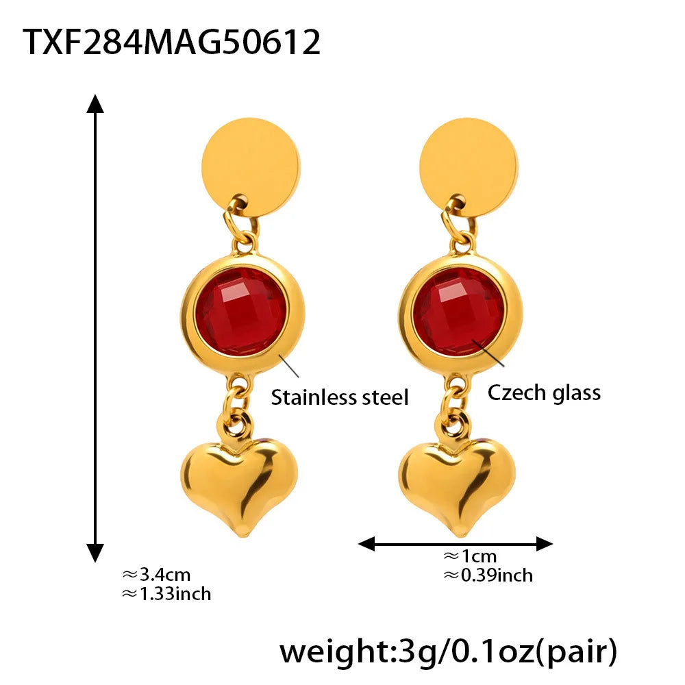 Edelstahl-Halskette, Armbänder, Ohrringe für Frauen, 6 Farben, Herz, facettierte tschechische Glas-Halsketten, Armband, baumelnde Ohrringe-Set
