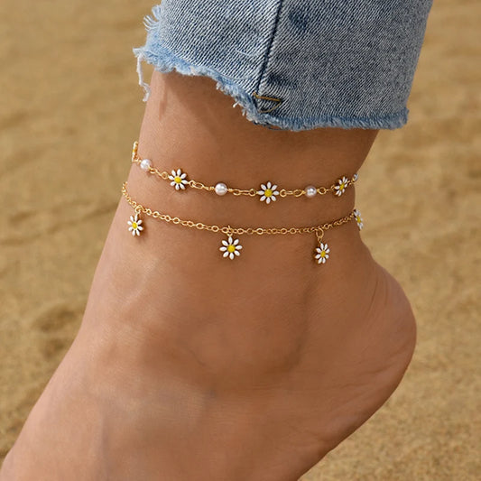 Elegante Daisy Blume Fußkettchen mit Handgemachte Perle Kette Fußkettchen für Frauen Sommer Strand Sandalen Zubehör Armband auf Die Bein