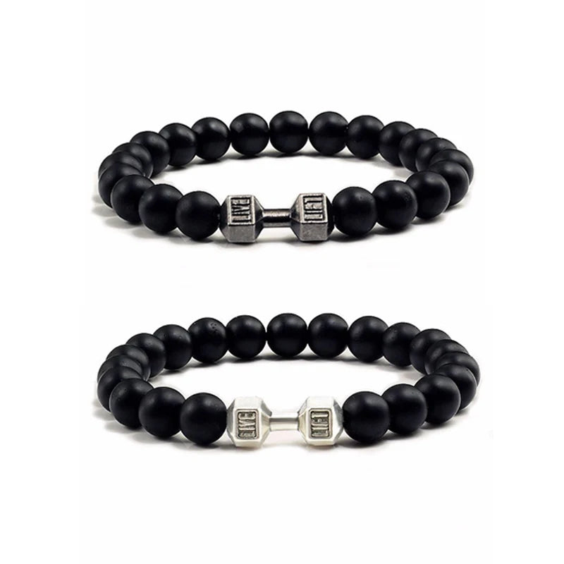 Hochwertige Männer Perlen Armband natürliche schwarze Lava Stein Hantel Charm Armbänder Energie Fitness Lang hantel Mode Frauen Schmuck
