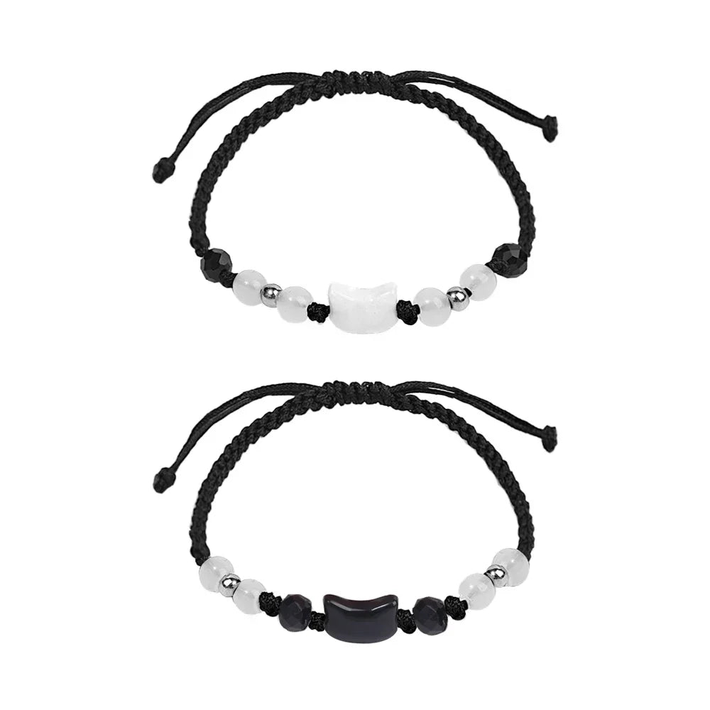 2 stücke natürliche Mondstein Obsidian Armbänder Paar minimalist ischen Armband handgemachte süße schwarze weiße Katze Armband Party Schmuck Geschenke