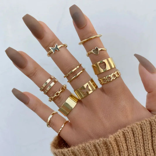 Boho Gold Farbe Herz Ringe Set Für Frauen Vintage Geometrische Kreuz Perle Schmetterling Finger Ringe Weibliche Trendy Schmuck Geschenk