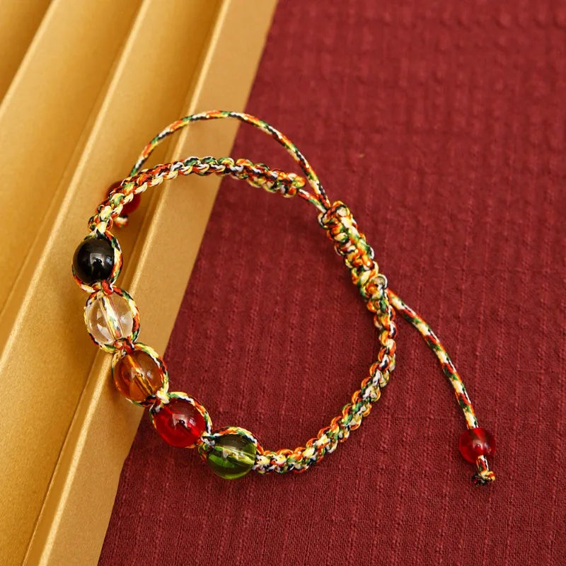 Vintage Ethnischer Stil Unisex Verstellbares Glücksarmband Fünffarbiges geflochtenes Seil Perlenarmband Yoga Schmuck Kind Festival Geschenke