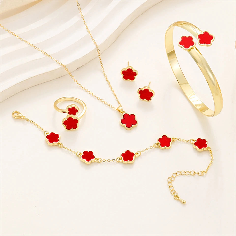 5 Stück Glückliche fünfblütige Blume Frauen Schmuck Set, Mode Blume Armband + Halskette + Ohrringe + Armband + Ring, Geburtstag