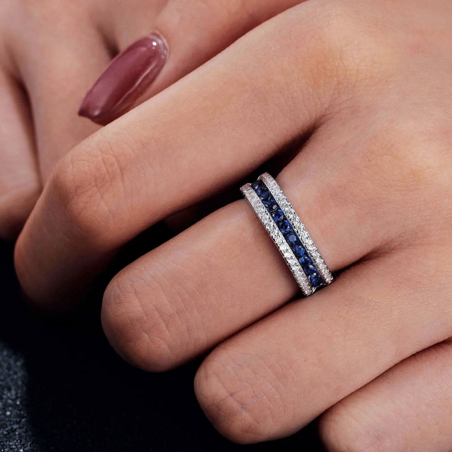 Newshe Saphirringe aus 925er-Sterlingsilber, weiß und blau, für Damen, halbe Ewigkeit, Ehering, kubischer Zirkon, Partyring