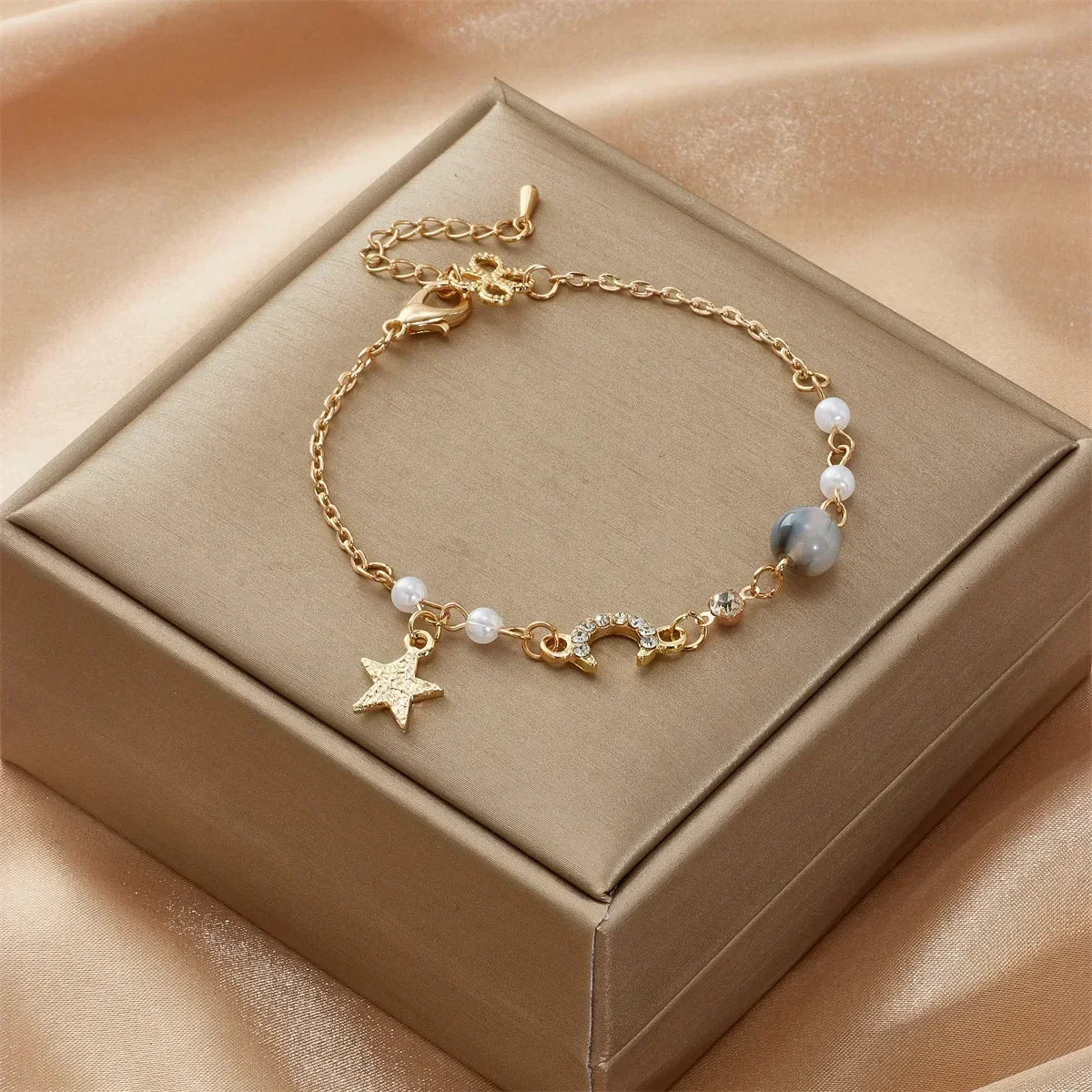 Mode Frauen Edelstahl Stern Mond Perle Einfache Kristall Zirkon Armband Armband Anhänger Schmuck Mädchen Party Party Geschenk