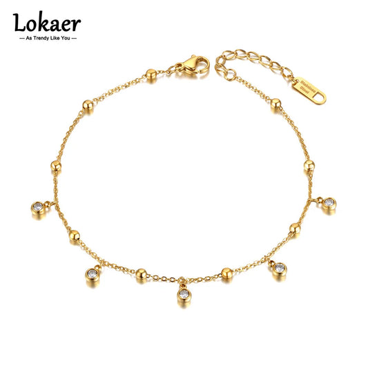 Lokaer Goth Runde Kugel Charm Fußkettchen Für Frauen Mädchen 18K Gold Überzogene Edelstahl CZ Kristall Fuß Schmuck A21025