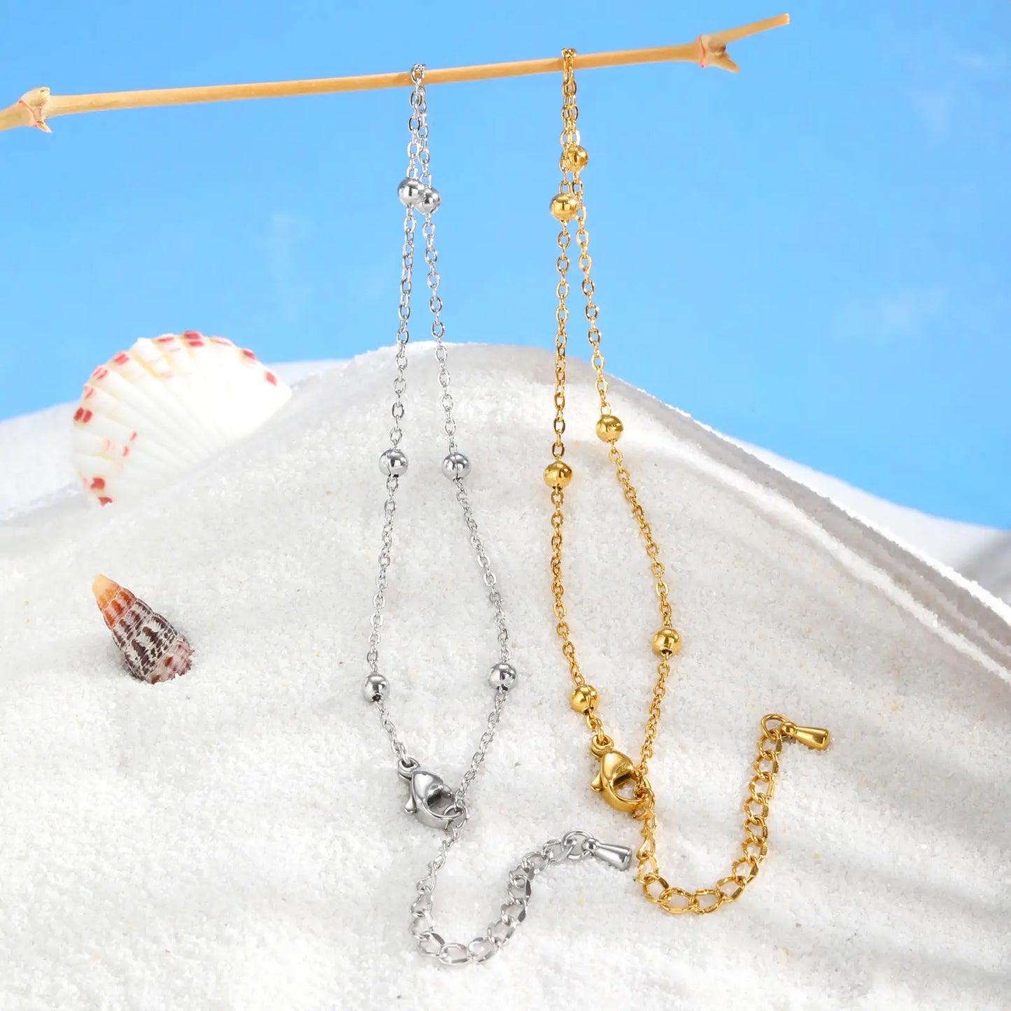 Boho Perlen Kugel Knöchelkette Armbänder für Frauen, vergoldetes Edelstahl Fußkettchen, Sommer Strand wasserdichter Fußschmuck Geschenk