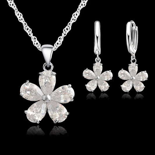 Hochwertiges massives 925er-Sterlingsilber, schöne Blumen, Tropfenohrringe, Halskette, Schmucksets für Frauen, weibliche Hochzeit