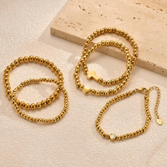 Vnox elastisches, verstellbares, vergoldetes Perlenarmband für Damen, minimalistischer, stapelbarer Edelstahl-Perlenketten-Schmuck im Ins-Stil