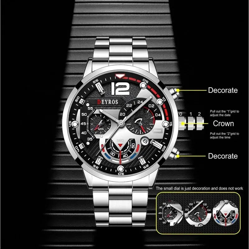 2 stücke Luxus Herren Silber Quarzuhr Mit Edelstahl Armband Männer Mode Business Casual Uhr Leuchtende Uhr