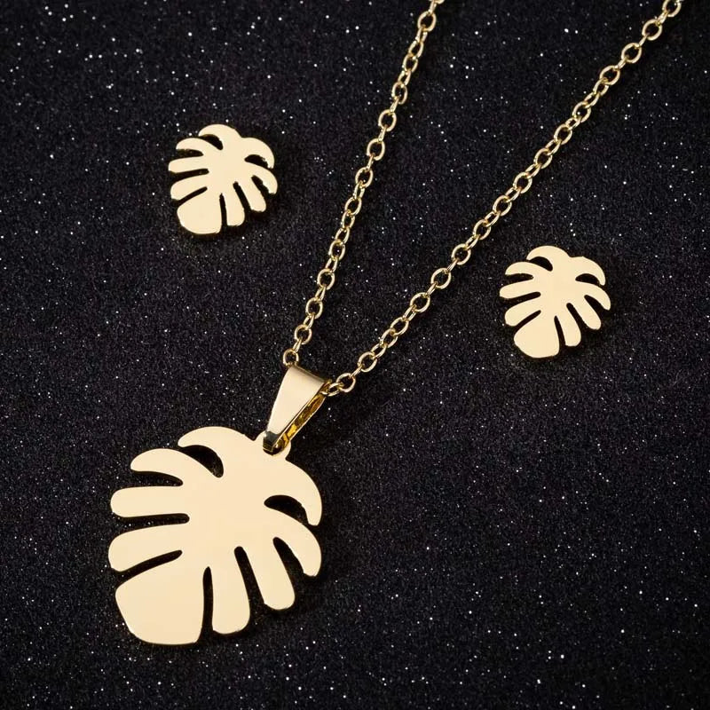 Set Schmuck Edelstahl Frau Boho Vintage Monstera Blätter Blume Pflanze Diy Anhänger Charms Ohrringe Und Halskette Set