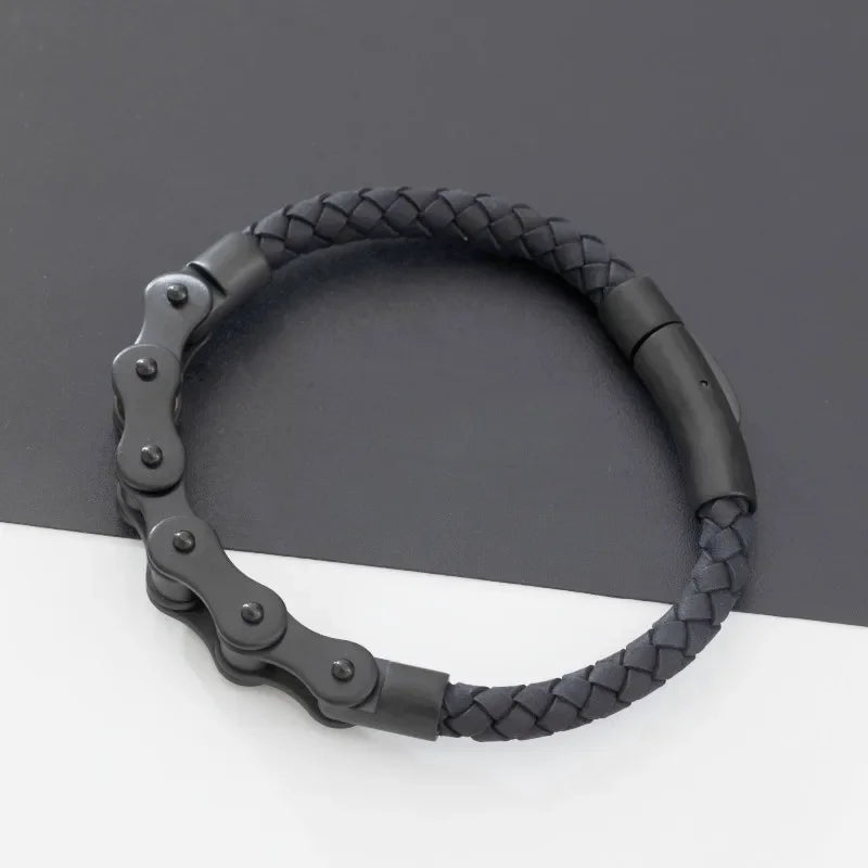 Retro Punk Fahrradkette handgewebtes Lederarmband mit Metallschnalle für Männer Motorradfahrer Rock Party Schmuck Geschenk