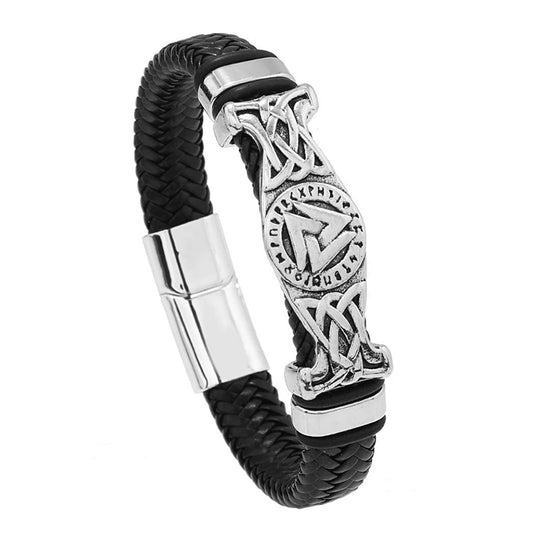 Vintage Wikinger gewebtes Lederarmband nordischer keltischer Knoten Valknut Symbol magnetischer Armreif für Herrenschmuck