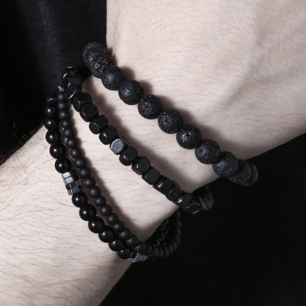 4pc Vulkan Stein schwarz Gallenstein Perlen Armbänder für Männer trend ige Mode Lava Holz Perlen Armband Set Kombination Hip Hop Geschenke