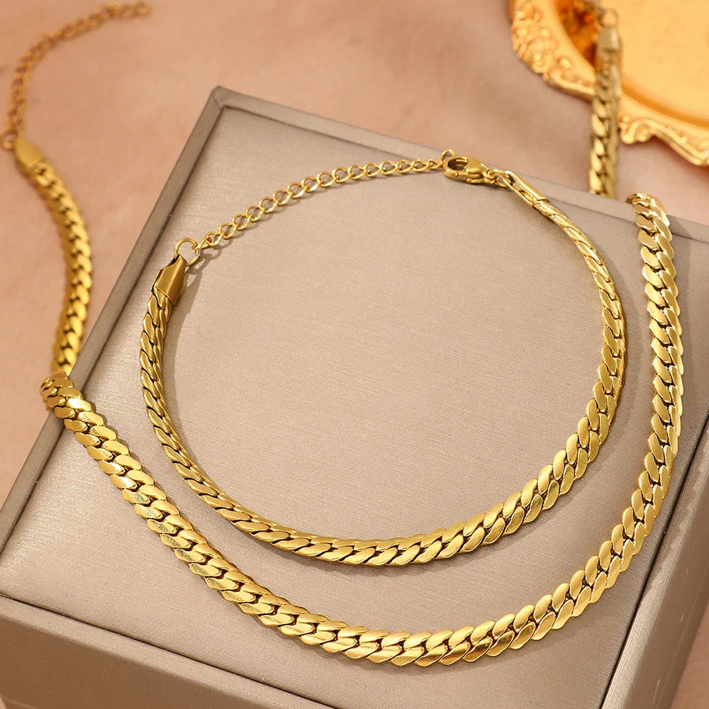DOTIFI Edelstahl Einfache Flache Kubanische Kette Armband Halskette Schmuck-Set 18k Gold Überzogene Mode Dicke Kette Mode Schmuck
