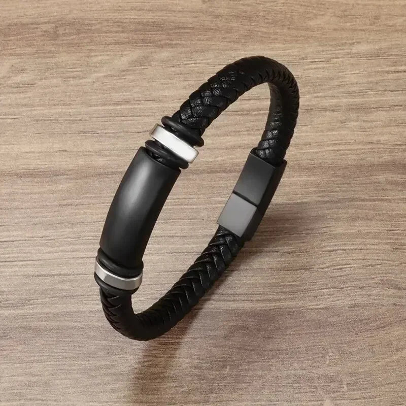 Klassisches einlagiges schwarzes handgewebtes Lederarmband mit Metall-Magnetverschluss, Herrenmode, Business-Schmuck, Geschenk