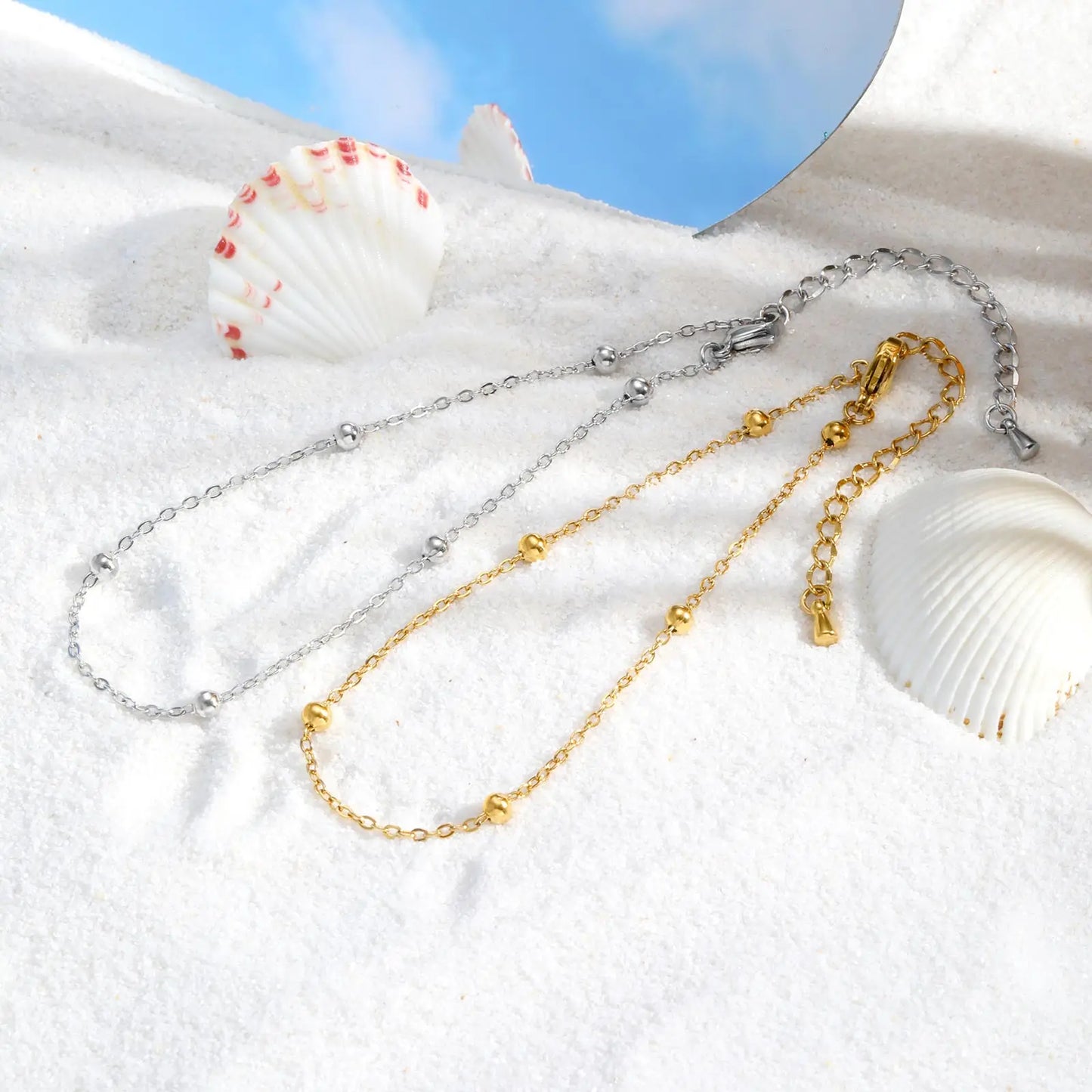 Boho Perlen Kugel Knöchelkette Armbänder für Frauen, vergoldetes Edelstahl Fußkettchen, Sommer Strand wasserdichter Fußschmuck Geschenk