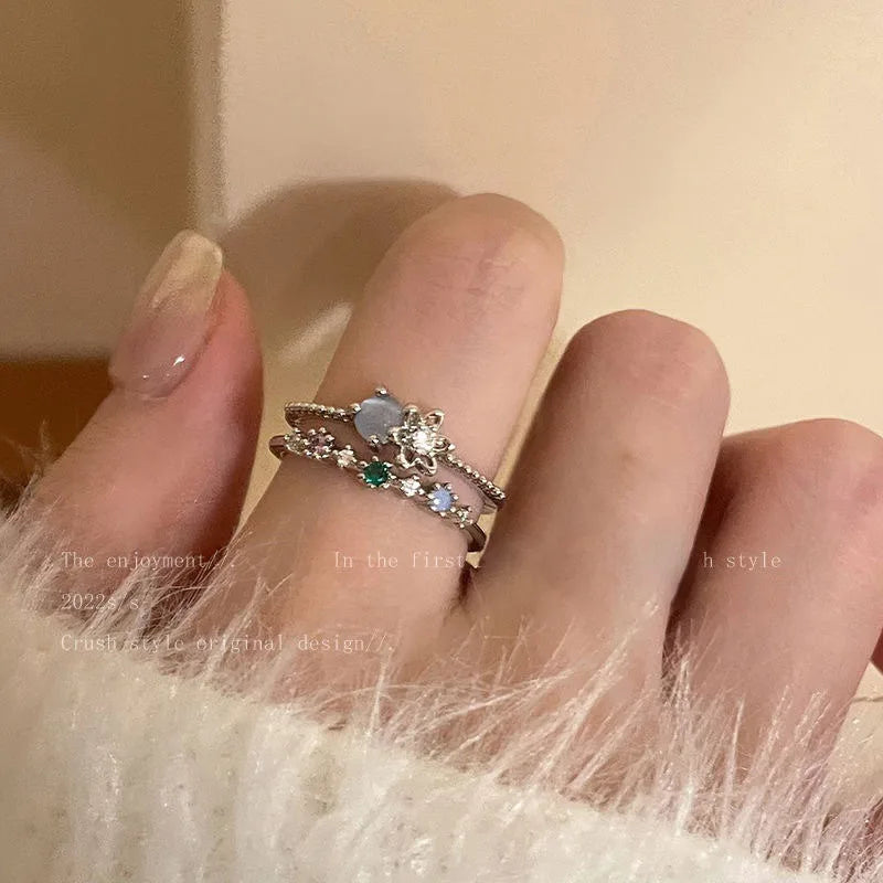 2023 neue Mode Blau Opal Herz Offene Ringe für Frauen Blume Strass Finger Ringe Hochzeit Party Trendy Mädchen Schmuck Geschenke