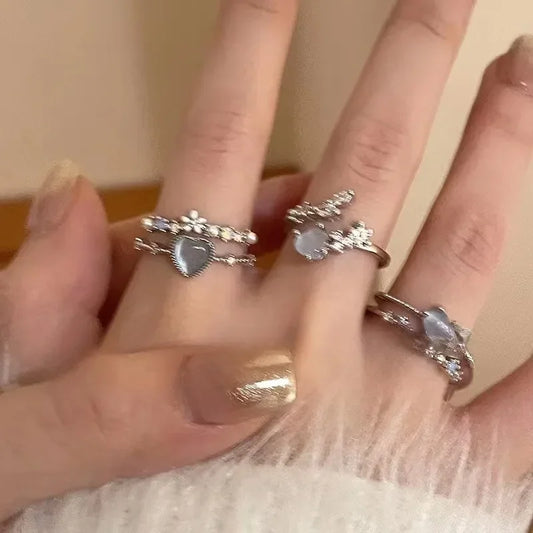 3PCS Trendy Y2k Herz-förmigen Zirkon Rosa Kristall Ringe Frauen Elegante Exquisite Shiny Offenen Kristall Ring Mädchen Partei schmuck Geschenke