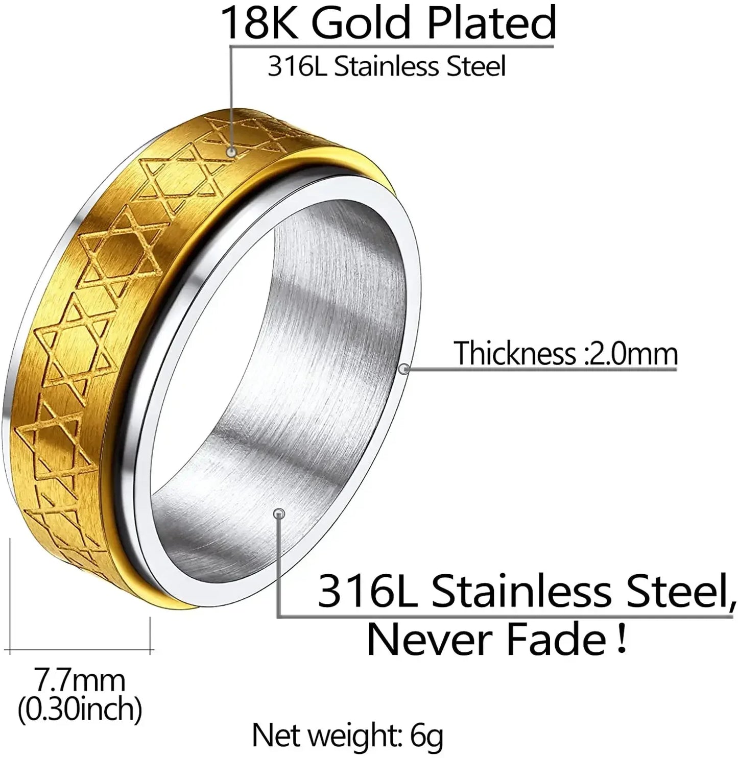 ChainsPro Edelstahl-Doppelschichten, 7,7 mm, flaches Band, Davidstern-Ringe für Herren, Größe 7–12, Angstfreigabungsspinner QC25