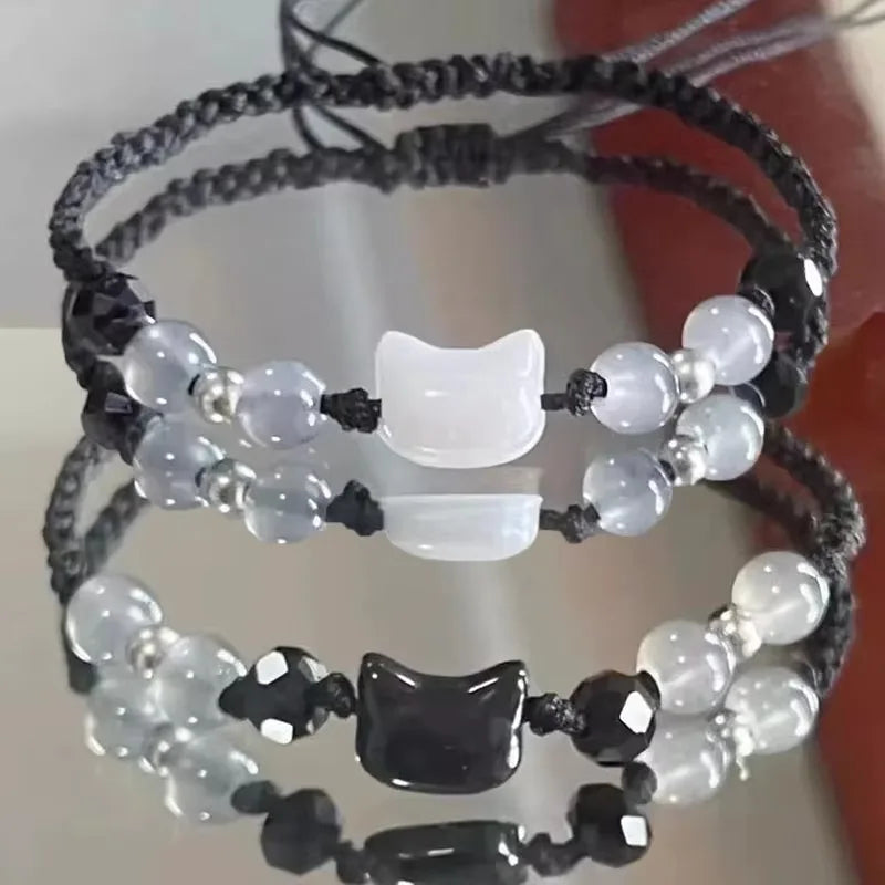 2 stücke natürliche Mondstein Obsidian Armbänder Paar minimalist ischen Armband handgemachte süße schwarze weiße Katze Armband Party Schmuck Geschenke