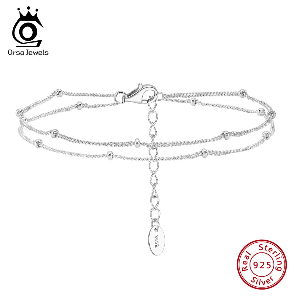 ORSA JEWELS Trendiges Doppelschichten-Armband mit kleinen runden Perlen, Damen-Handarmband, 925er Silberkette, einfaches Kugelarmband SB198
