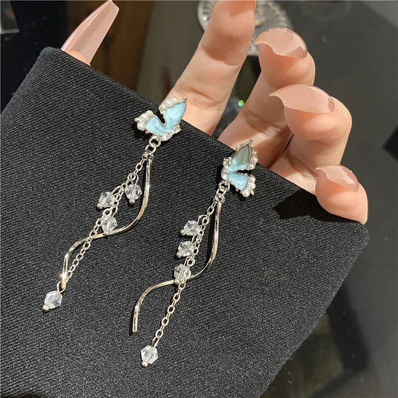 Temperament Blau Glasierte Schmetterling Baumeln Ohrringe Für Frauen Strass Perle Quaste Anhänger Ohr Ringe Party Dame Schmuck Geschenke