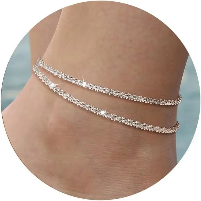Knöchelarmbänder für Damen und Mädchen, glitzernd, wasserdicht, verstellbar, 14 Karat vergoldet/Sterlingsilber, geschichtete Fußkettchen, Strand-Fußschmuck