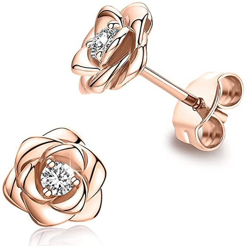 Huitan Exquisite Rose Ohrstecker für Frauen Luxus Funkelnden Zirkonia Temperament Süße Blume Ohrringe Modeschmuck