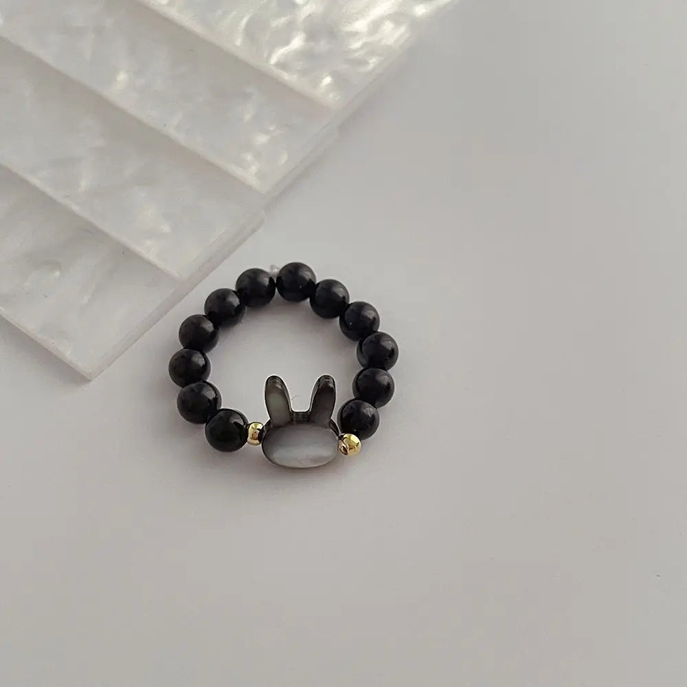 Paar Mondstein Ringe natürliche Obsidian Perlen süße schwarz weiß Mini Katze handgemachte minimalistische elastische Schnur Frauen Männer Schmuck