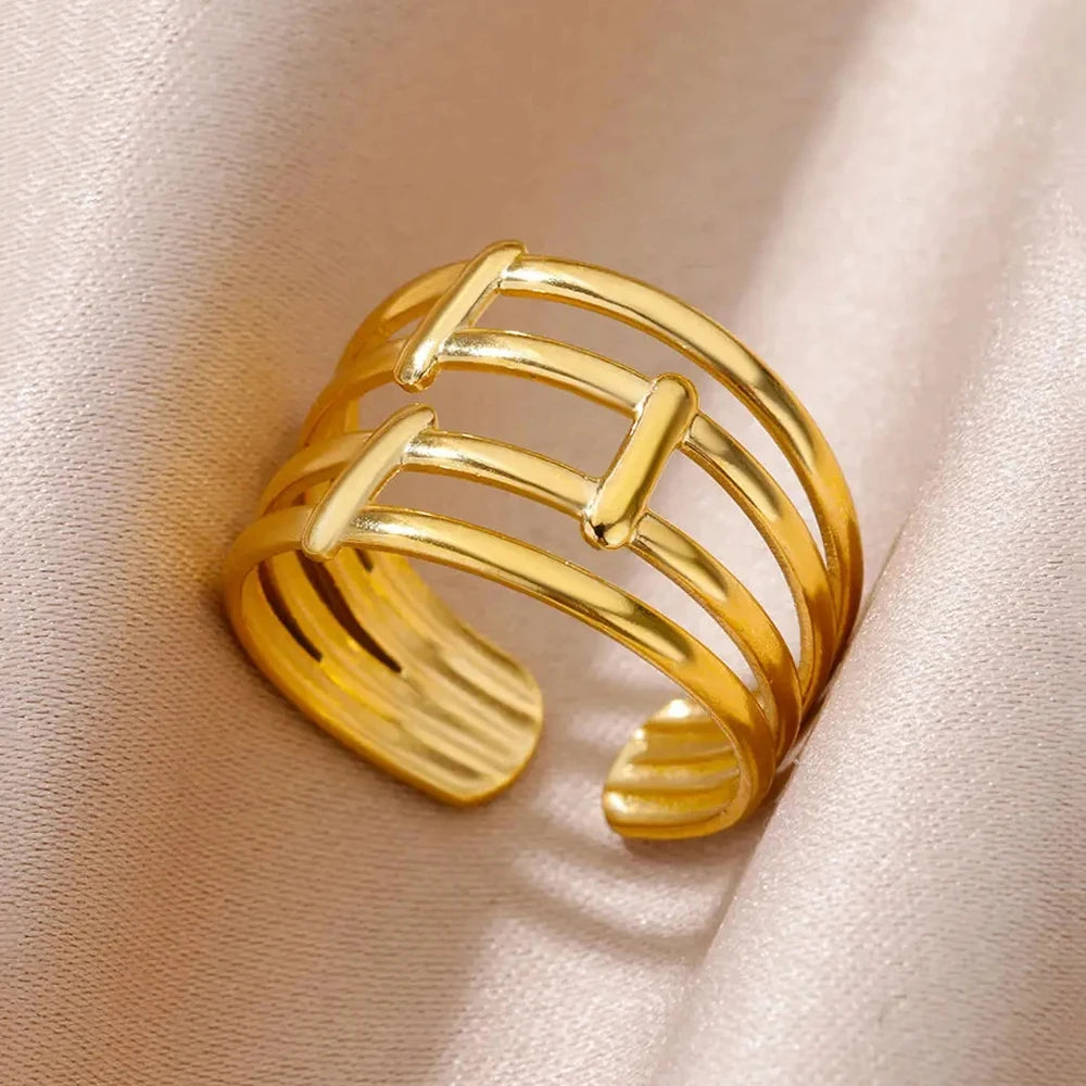 Edelstahl Ringe Für Frauen Männer Gold Farbe Hohl Weit Offenen Ring Weiblich Männlich Mode Hochzeit Party Finger Schmuck Geschenk 2024