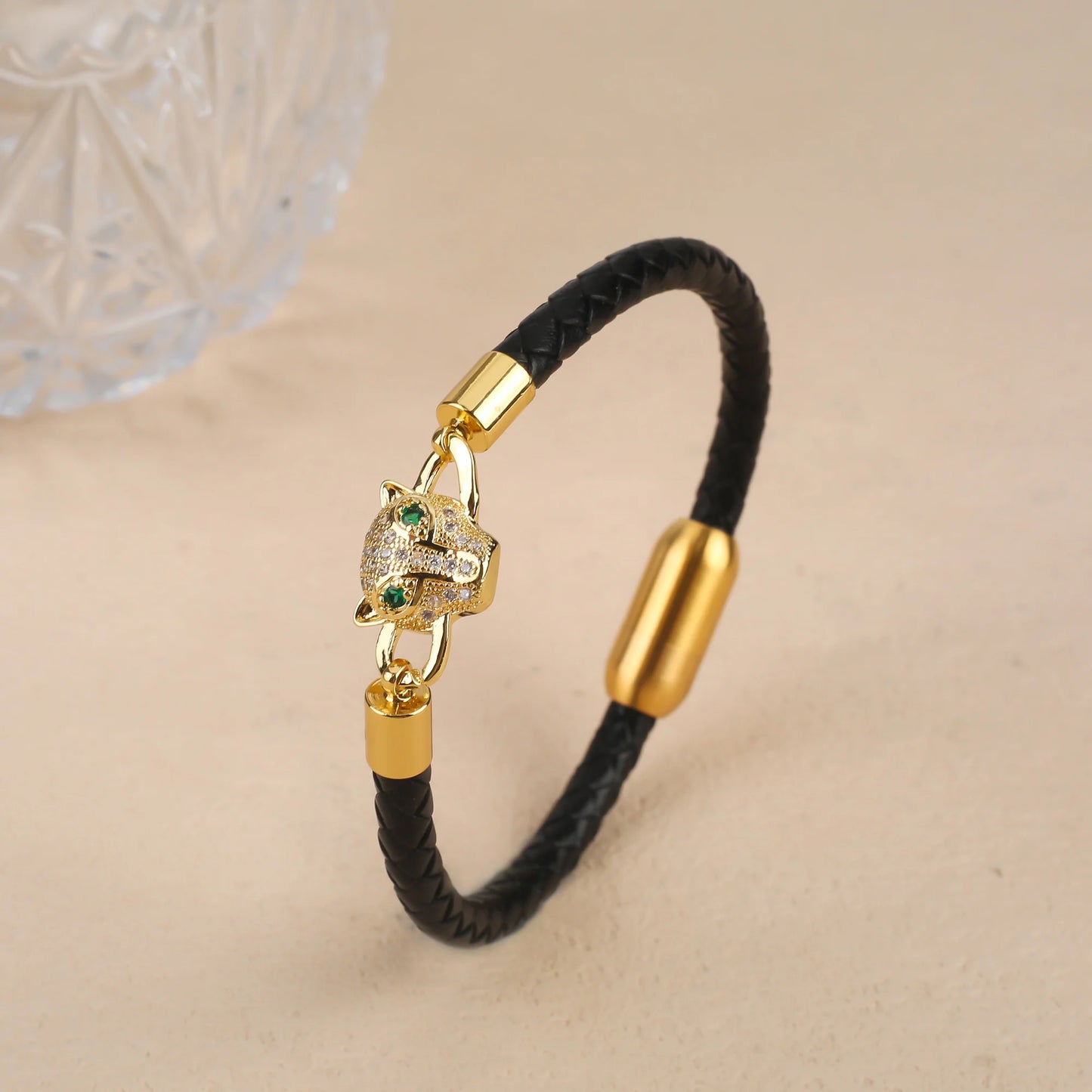Voller Zirkonia, Leoparden-Tier-Leder, geflochtenes Edelstahl-Armband, klassisch für Mann und Frau, täglicher Party-Schmuck, Geschenk
