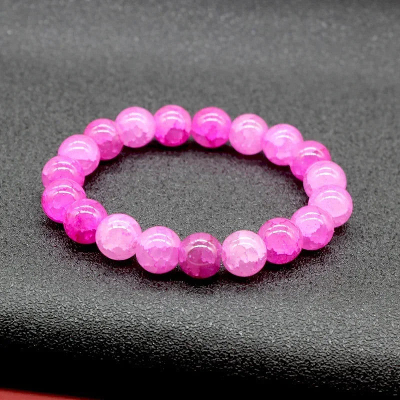 Natürliches rosa/buntes Kristall-/Porzellan-Armband mit Eis-Rissmuster und gemusterten Perlen, einzelner Kreis, glücklicher Heilstein, Schmuck, Geschenk